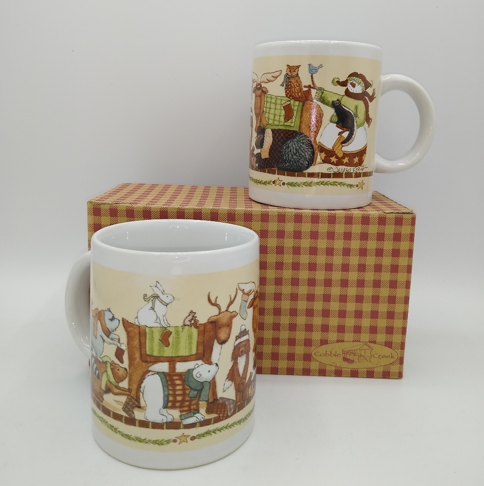 Cobble Creek Teresa Kogut Christmas Mugs Animal Friends Set of 2 Gift Box